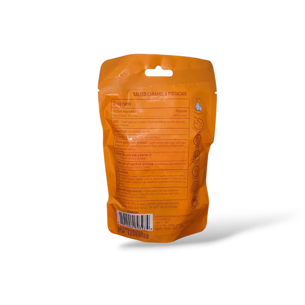 Wish SALTED CARAMEL & PISTACHIO Hydrating and Moisturizing Hand Sanitizer with Silicone Case & Keychain, 1.2 oz