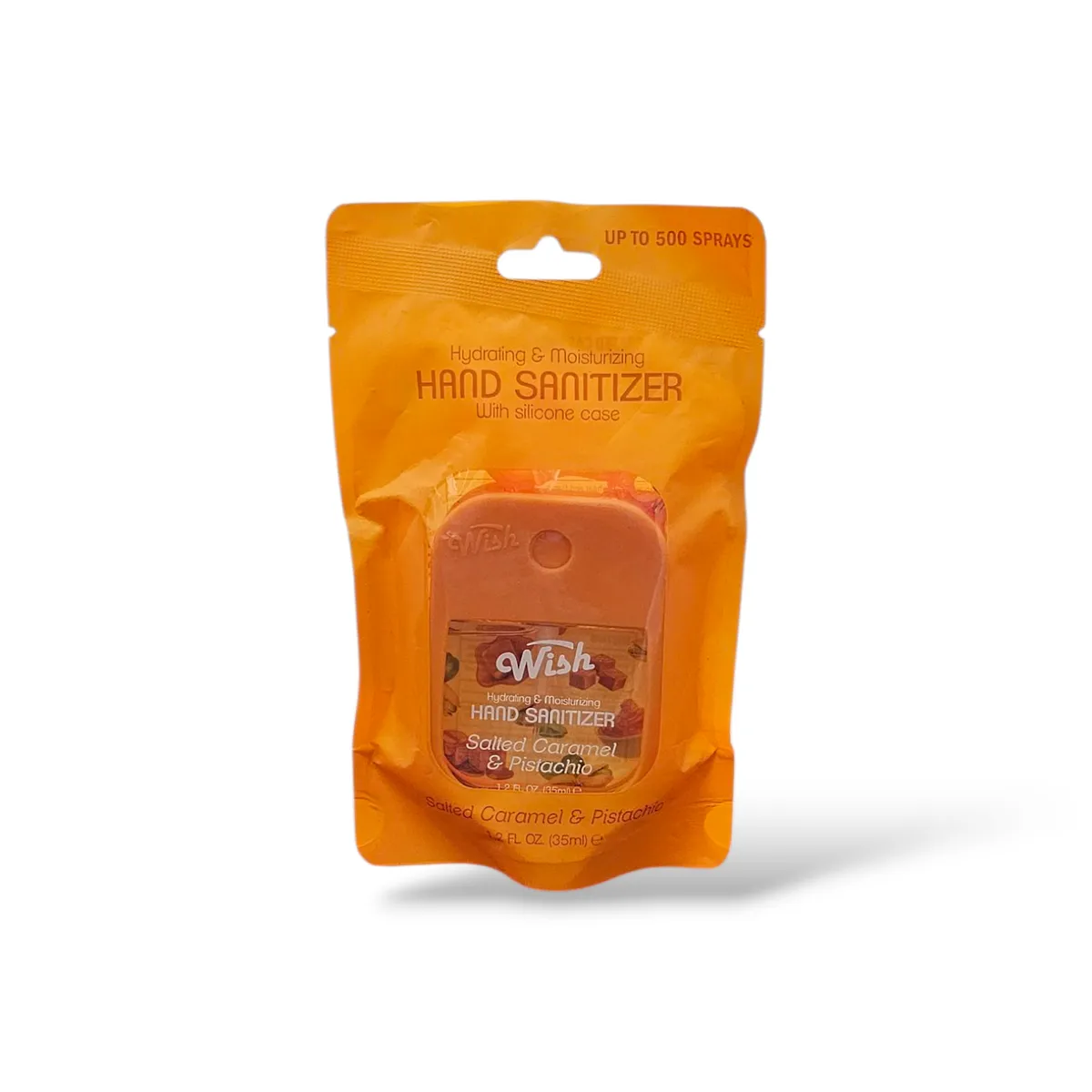 Wish SALTED CARAMEL & PISTACHIO Hydrating and Moisturizing Hand Sanitizer with Silicone Case & Keychain, 1.2 oz