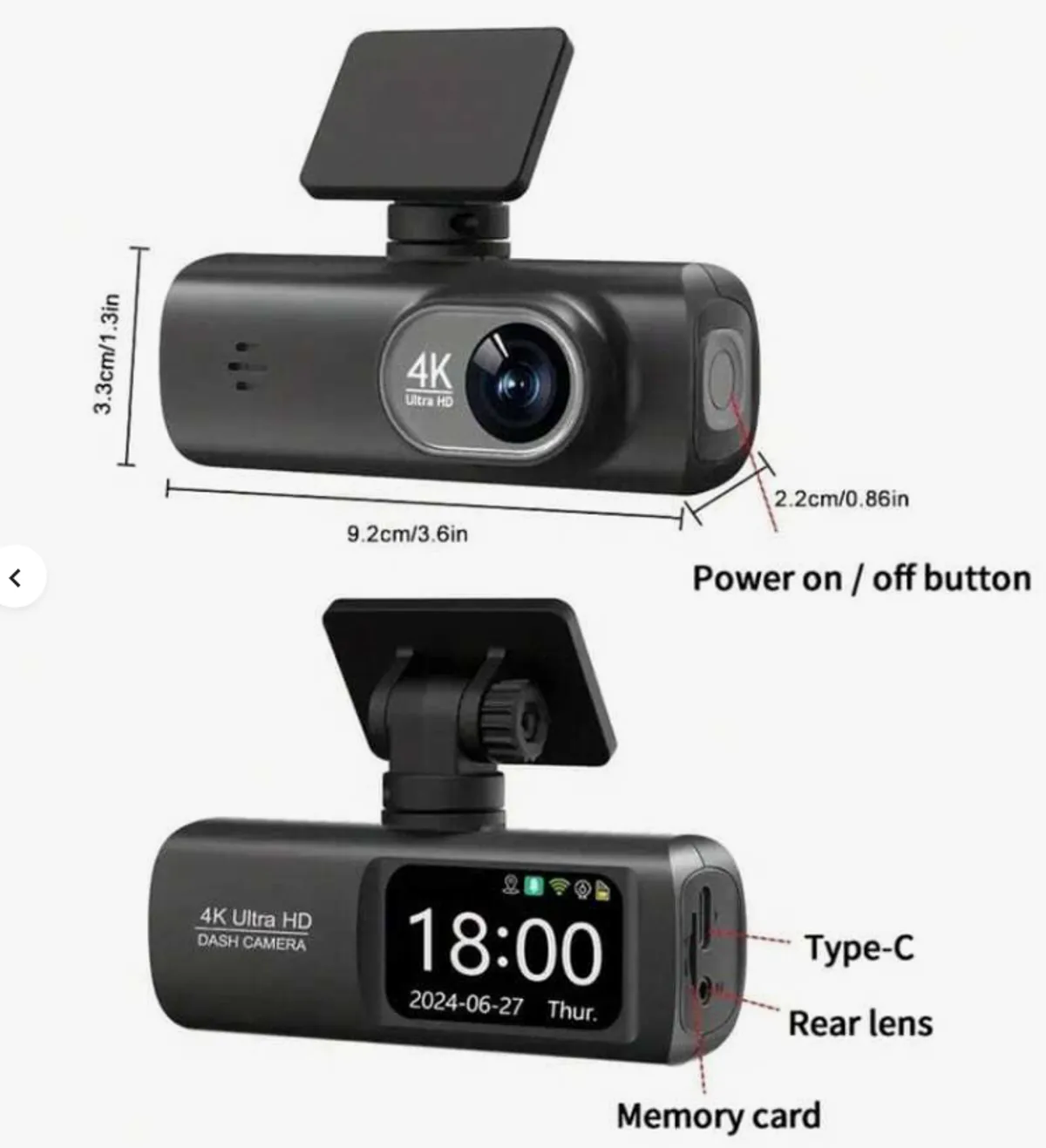 Windshield-mount 4K Ultra HD Dual Dashcam, WiFi Front And Rear Dual Lens Dash Camera, 1.5" IPS Screen, App Supported (w/ 64GB Sandisk MSD Card)