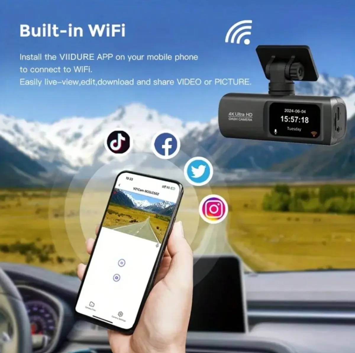 Windshield-mount 4K Ultra HD Dual Dashcam, WiFi Front And Rear Dual Lens Dash Camera, 1.5" IPS Screen, App Supported (w/ 64GB Sandisk MSD Card)