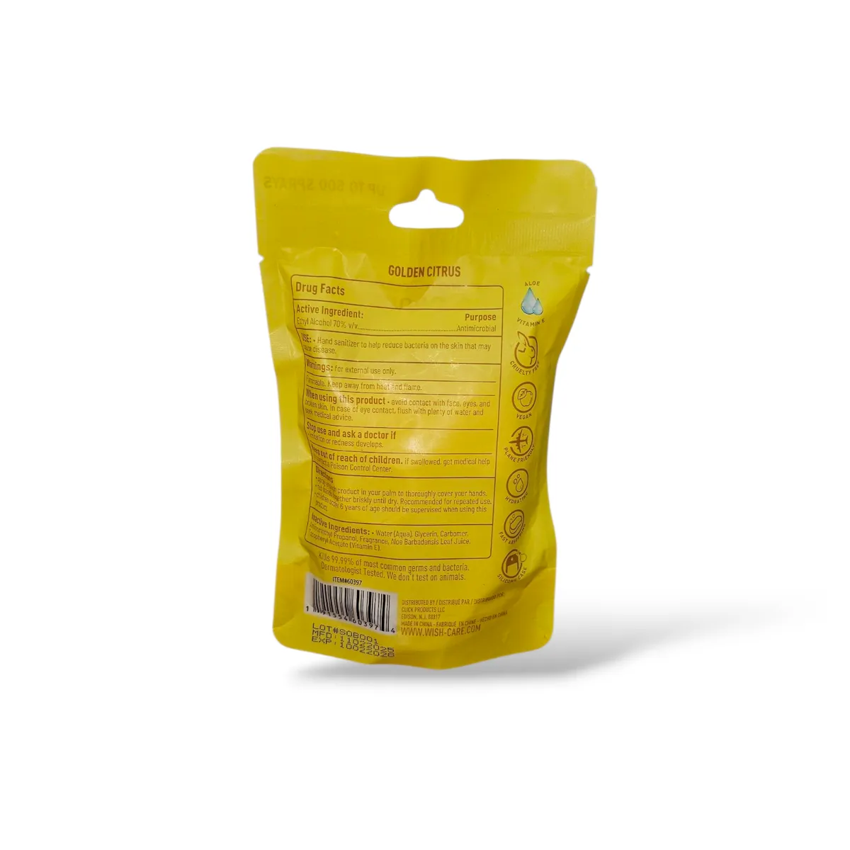 Wish GOLDEN CITRUS Hydrating and Moisturizing Hand Sanitizer with Silicone Case & Keychain, 1.2 oz