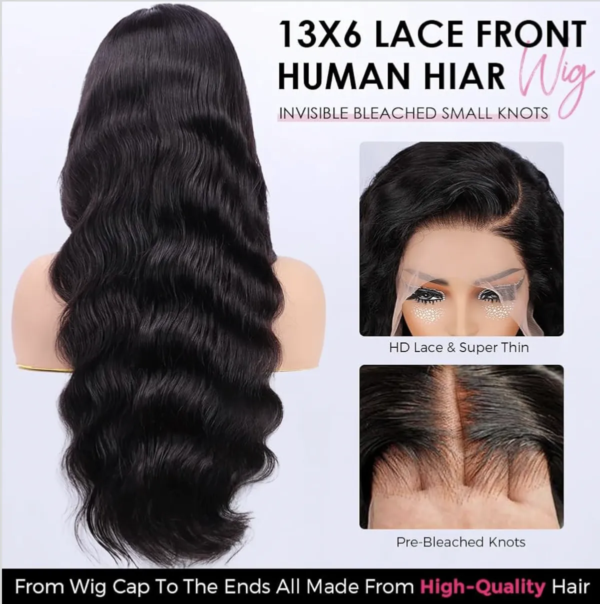 30 inch 13x6 Body Wave Lace Front Wigs Human Hair Pre-plucked Pre-bleached Small Knots With Baby Hair 200% Density Glueless Human Hair Wigs For Women 30Inch HD Lace Frontal Wig, Black, 13x6, 30