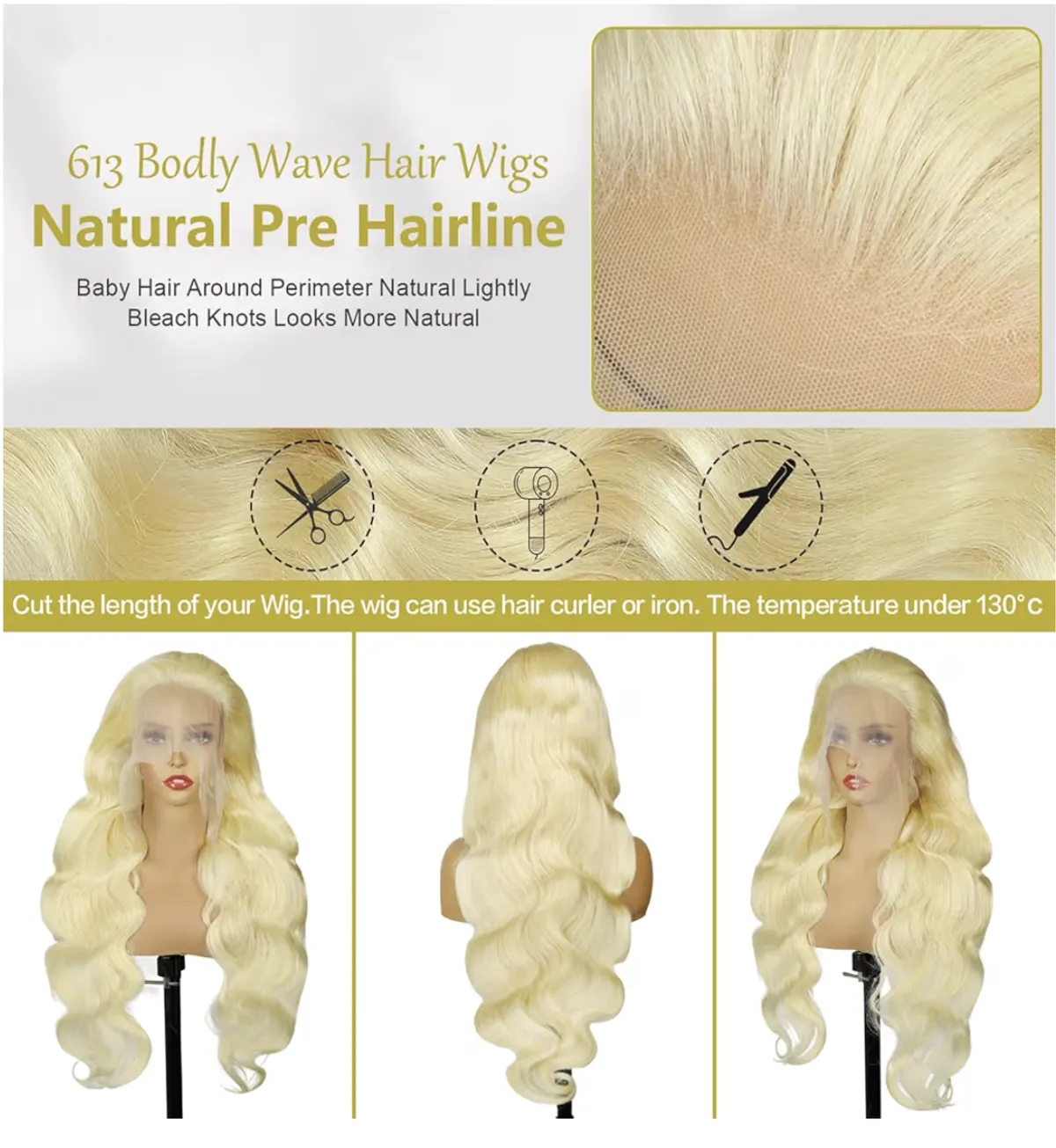 26 Inch 13x6 613 blonde Body Wave Wig Human Hair Wigs Human Hair Pre-Plucked Bleached 200% Density  HD Lace Frontal