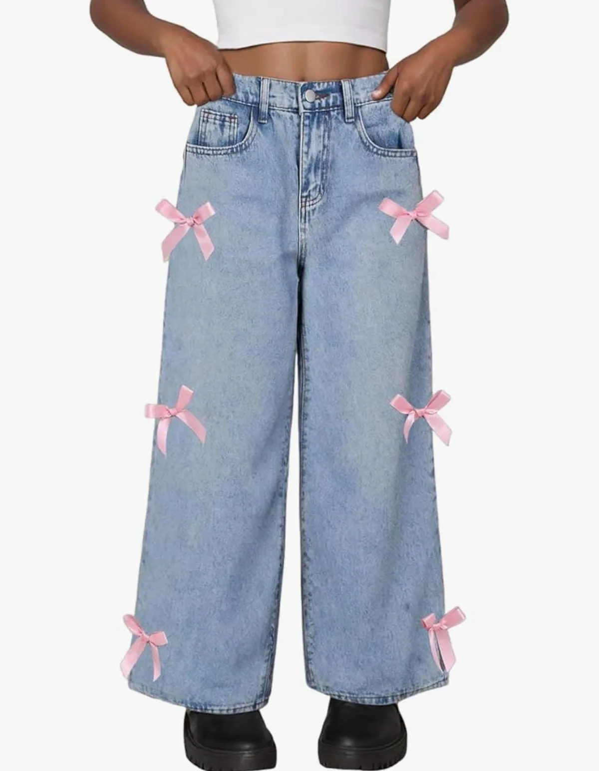 Jeans Elastic Waist Wide Leg Jeans Trendy Cute Bowknot Baggy Kids Y2k Streetwear Aesthetic Denim Pants Size 5Y