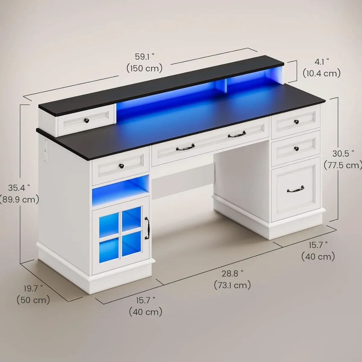 Modern LED Home Office Computer Desk with Storage Drawers and Display Cabinet