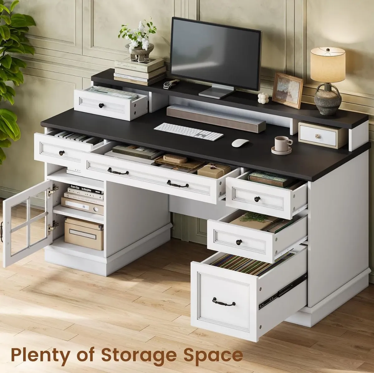 Modern LED Home Office Computer Desk with Storage Drawers and Display Cabinet