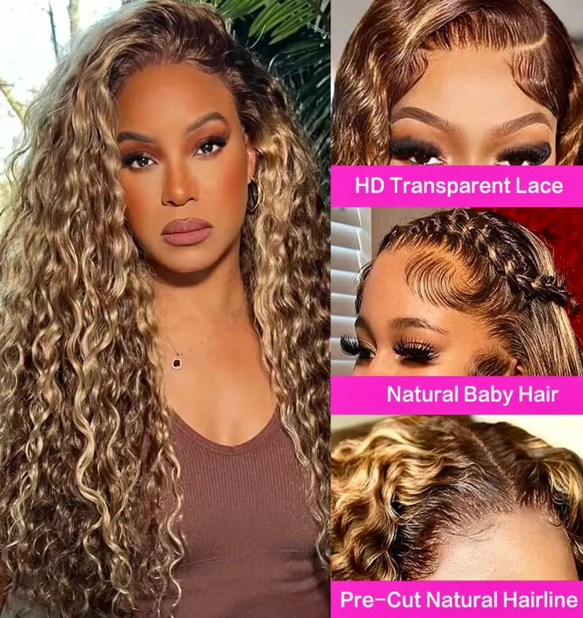 30 inch Highlight Ombre Lace Front Wig Human Hair 13x6 HD Honey Blonde 4/27 Deep Wave Lace Frontal Wigs 180% Density Glueless Wigs, Human Hair