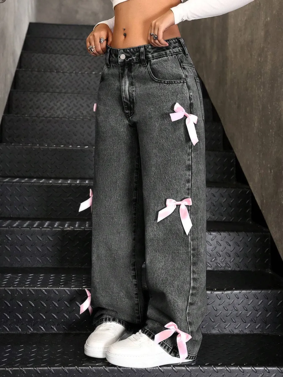 Women's Pink Butterfly Decor Wide Leg Jeans